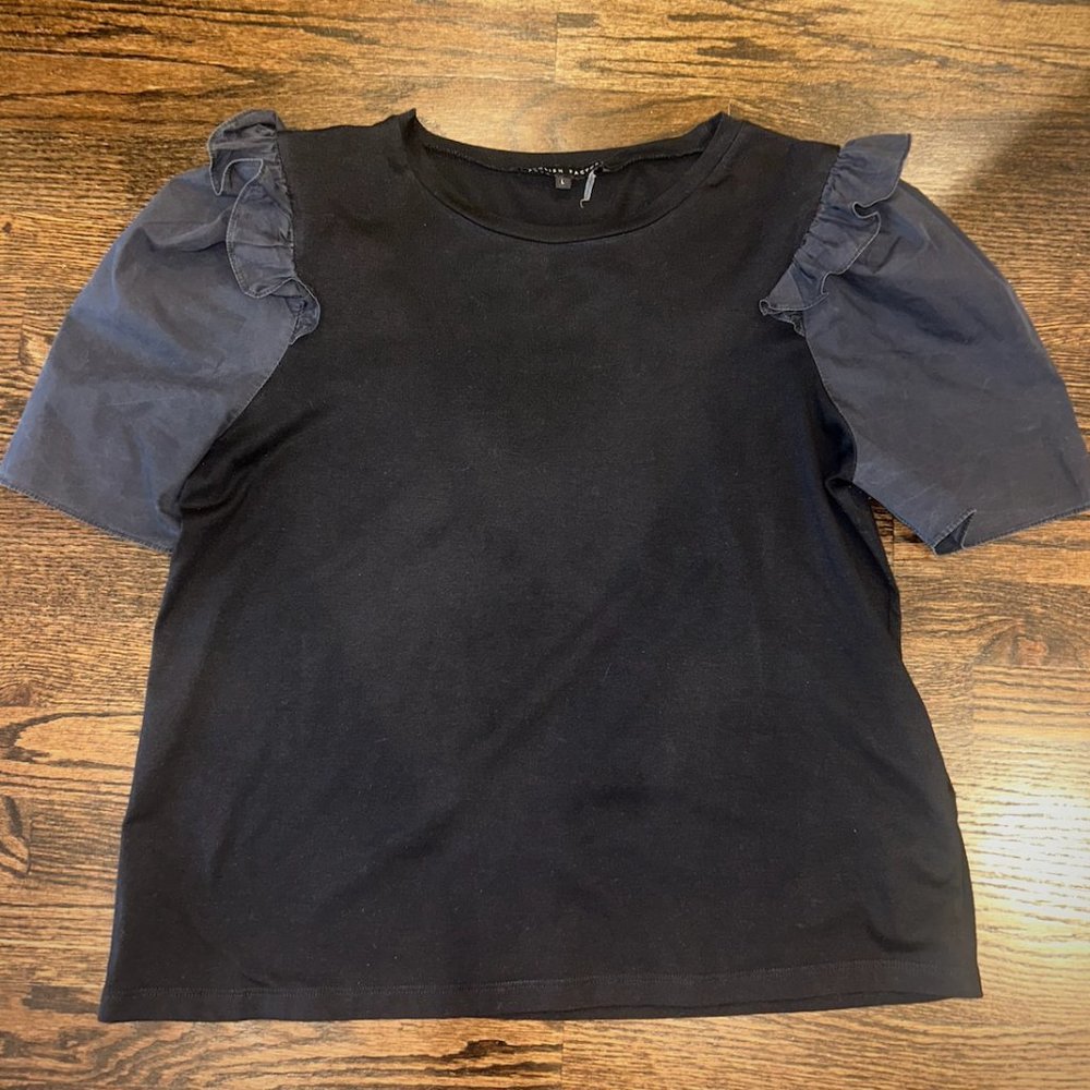 English Factory Black Short Sleeve Top — Mixed Media Ruffled Top